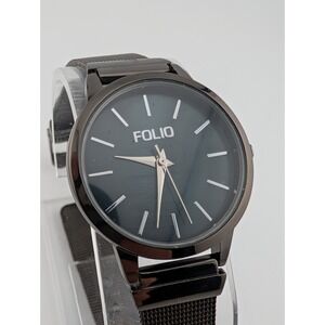 FOLIO Watch Women 32mm Case Black MOP Dial Mesh Metal Band- New Battery